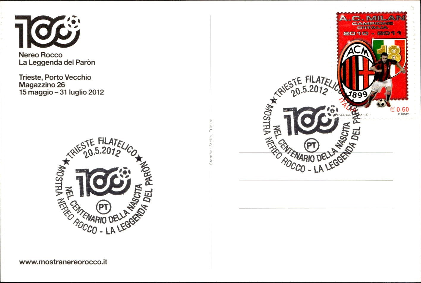 cartolina postcard calcio Milan 100 Nereo Rocco 2012 (3