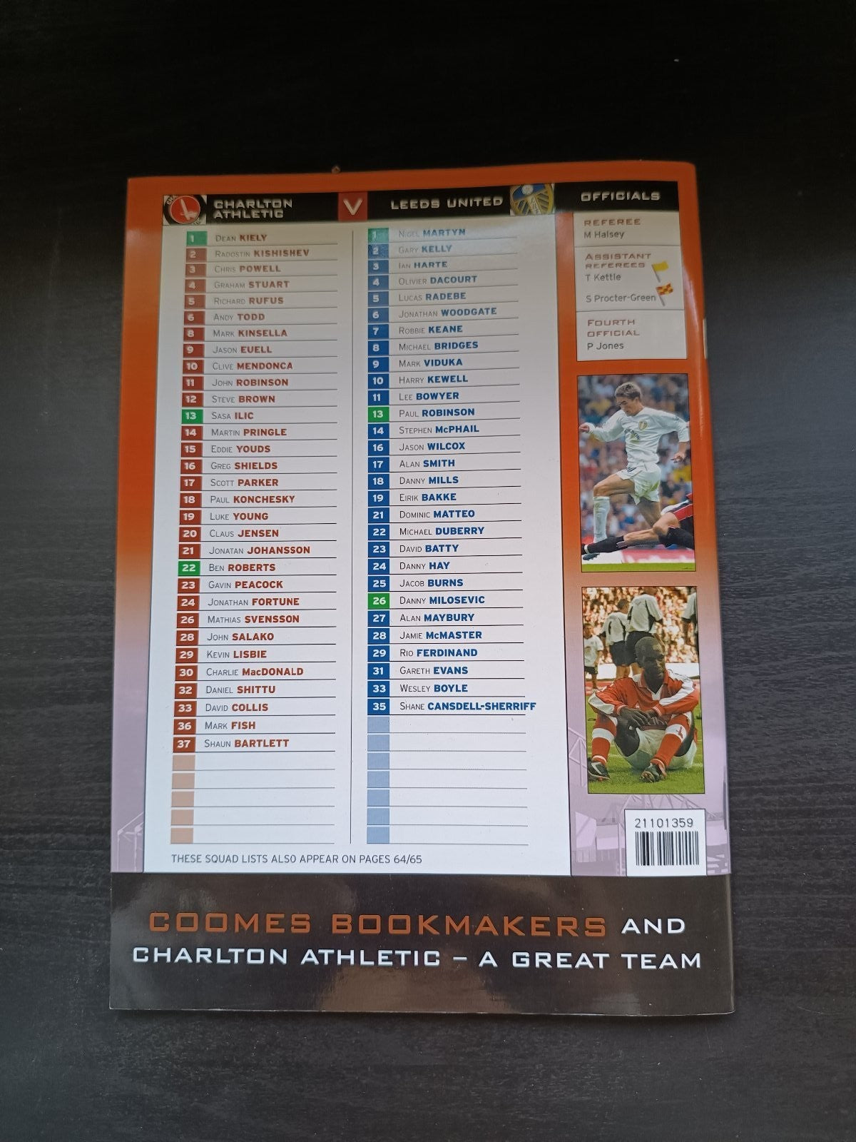 programma calcio Charlton Athetlic V Leeds United 16th 2001