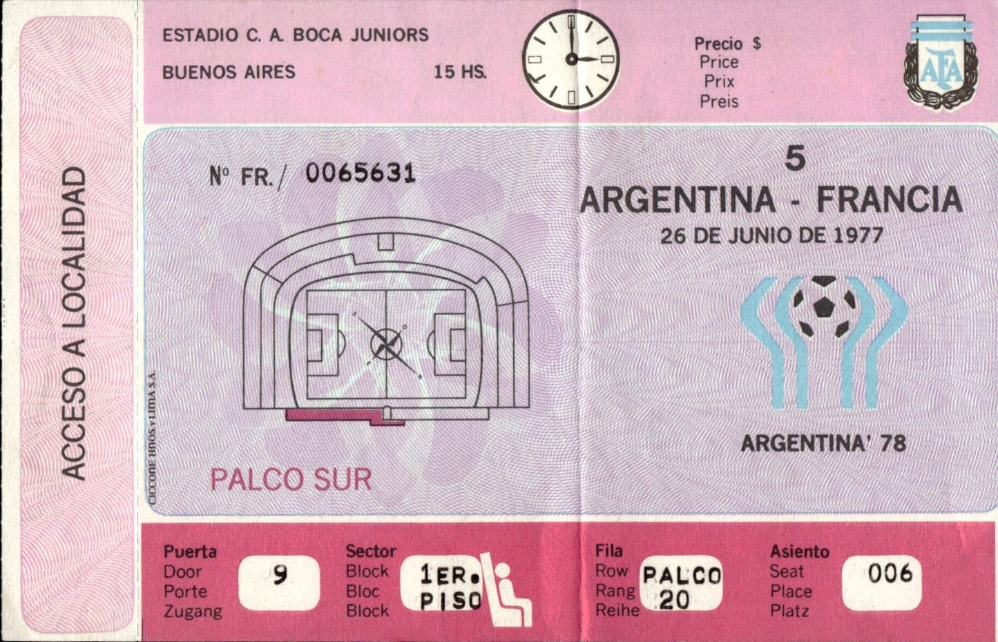 biglietto stadio ARGENTINA-FRANCIA 26 GIUGNO 1977