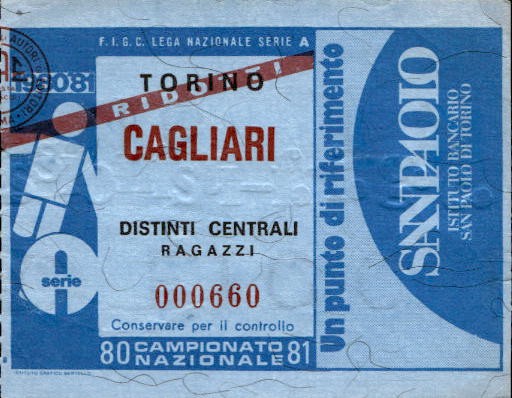 Biglietto stadio Torino-Cagliari Campionato Nazionale 80-81