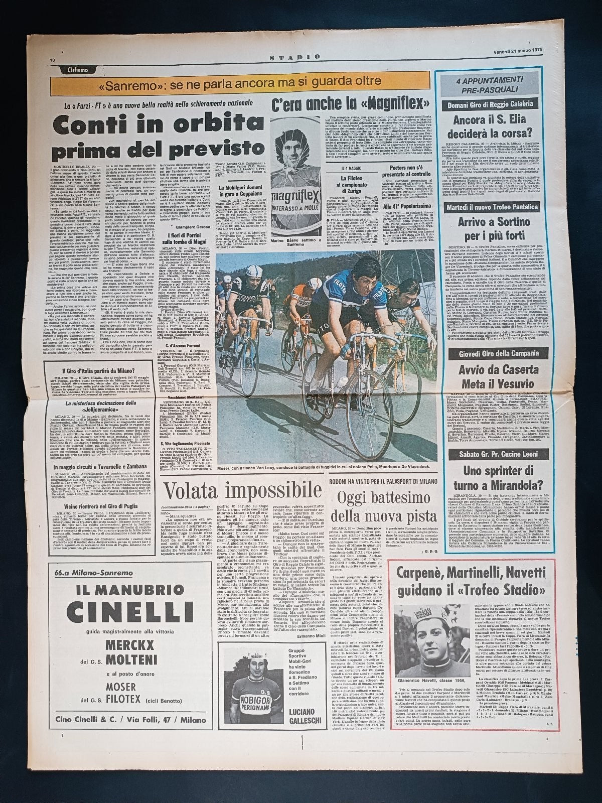 Quotidiano Sportivo STADIO numero 66 anno 1975 - Moser, Merckx