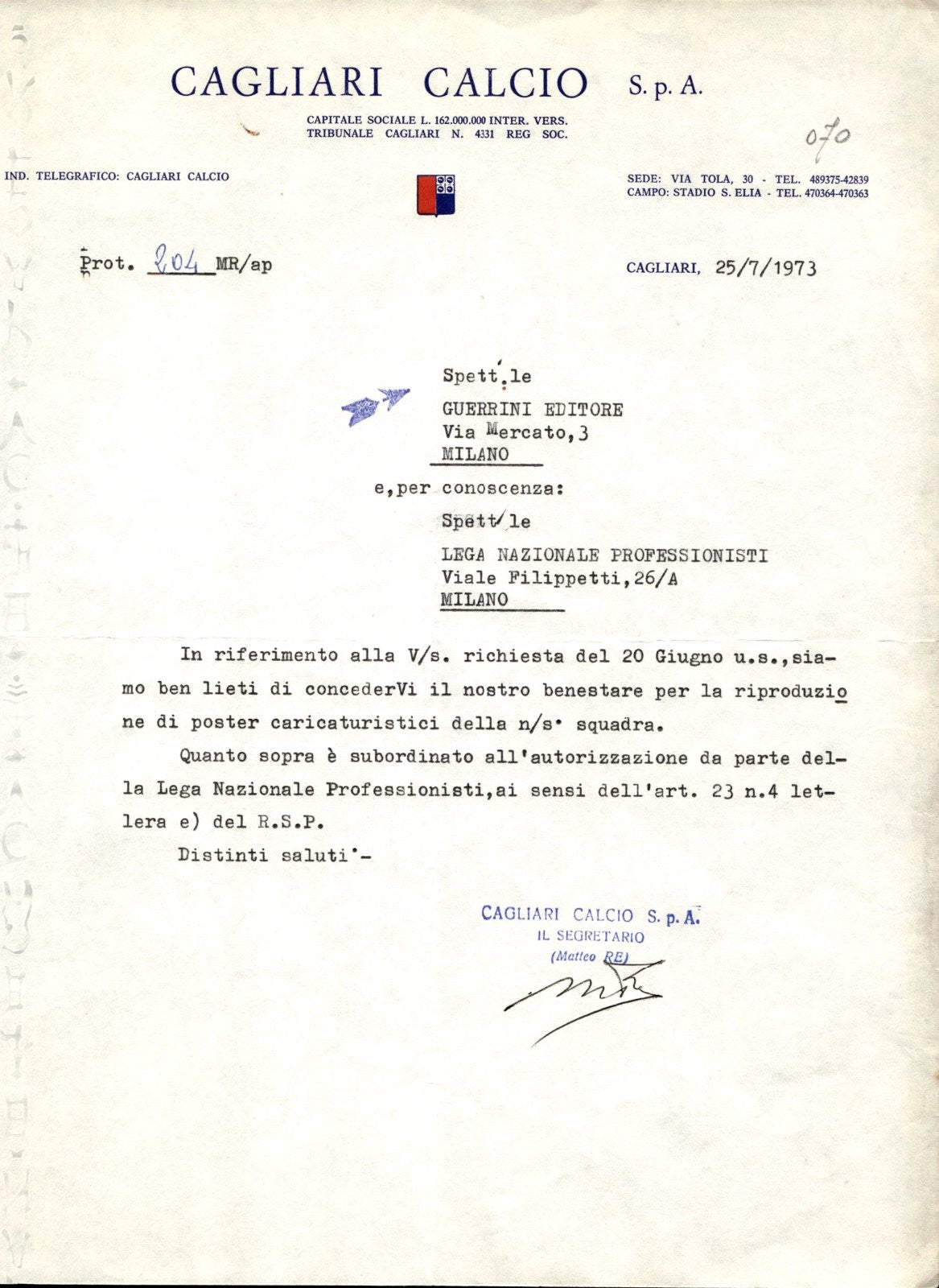 carta intestata societ� sportiva Cagliari Calcio Spa 1973 03