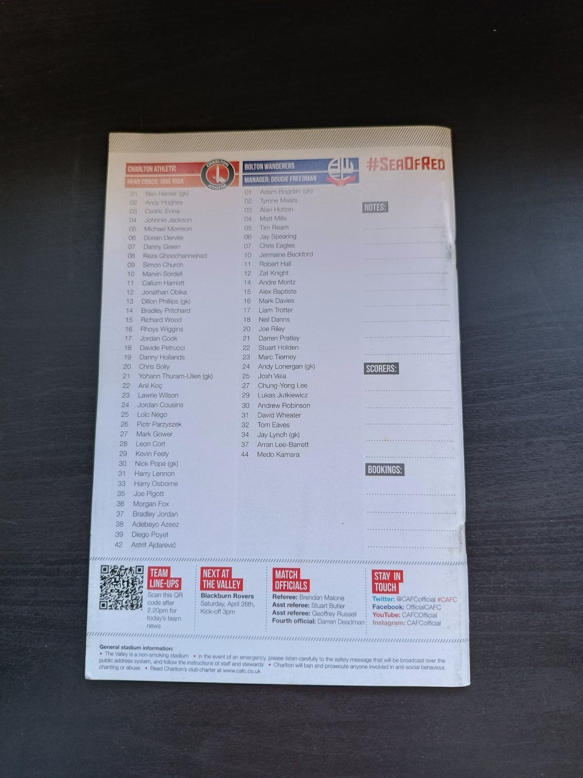 programma calcio Charlton Athetlic V Bolton Wanderers 18th