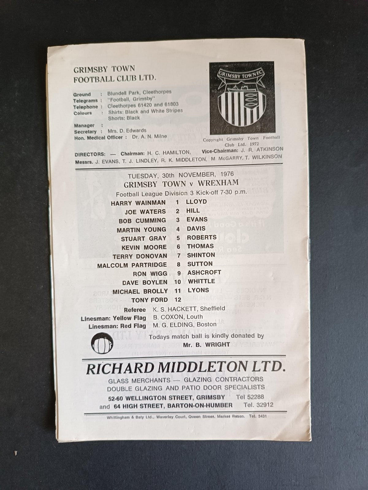 programma calcio The Mariner Town vs Wrexham 1976