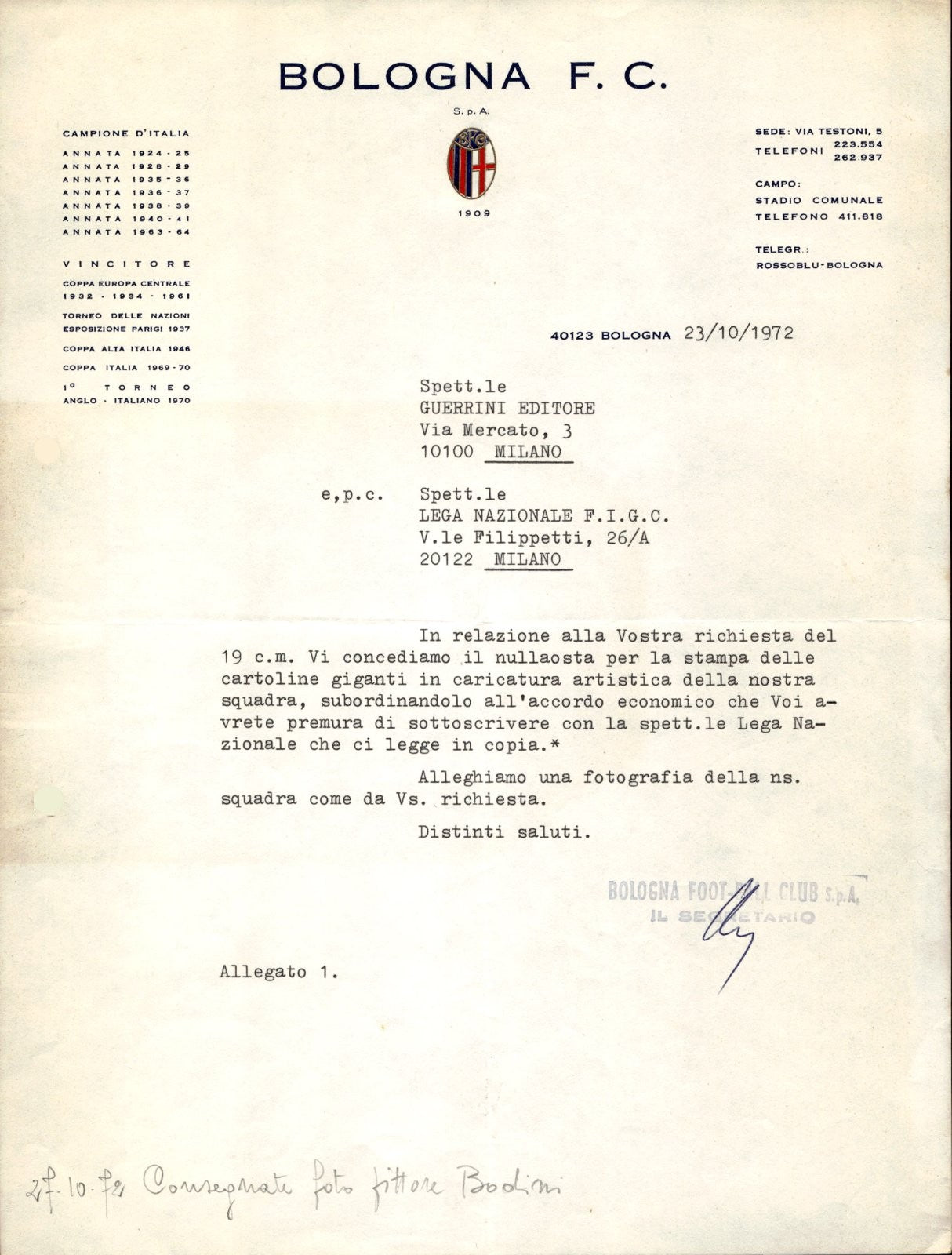 carta intestata societ� sportiva Bologna FC 1972