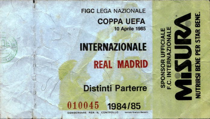 Biglietto stadio Internazionale-Real Madrid 10/04/1985 Coppa Uefa