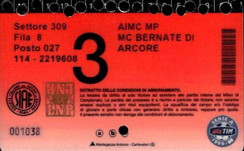 Biglietto stadio Milan A.C 1899-1999 n 001038