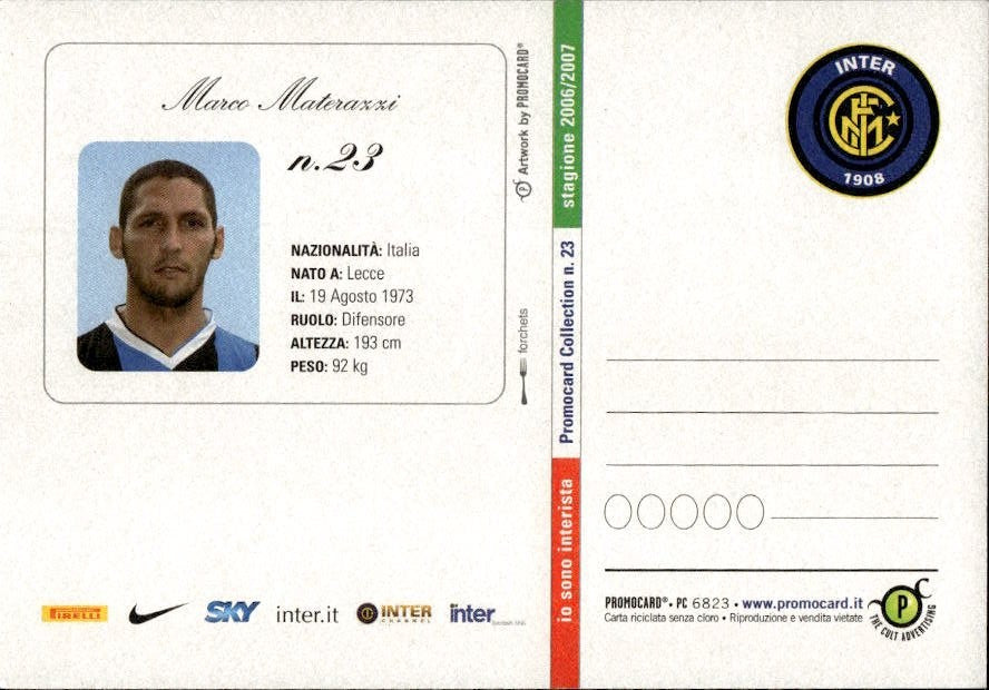 Cartolina calciatore Inter Marco Materazzi con autografo stampato