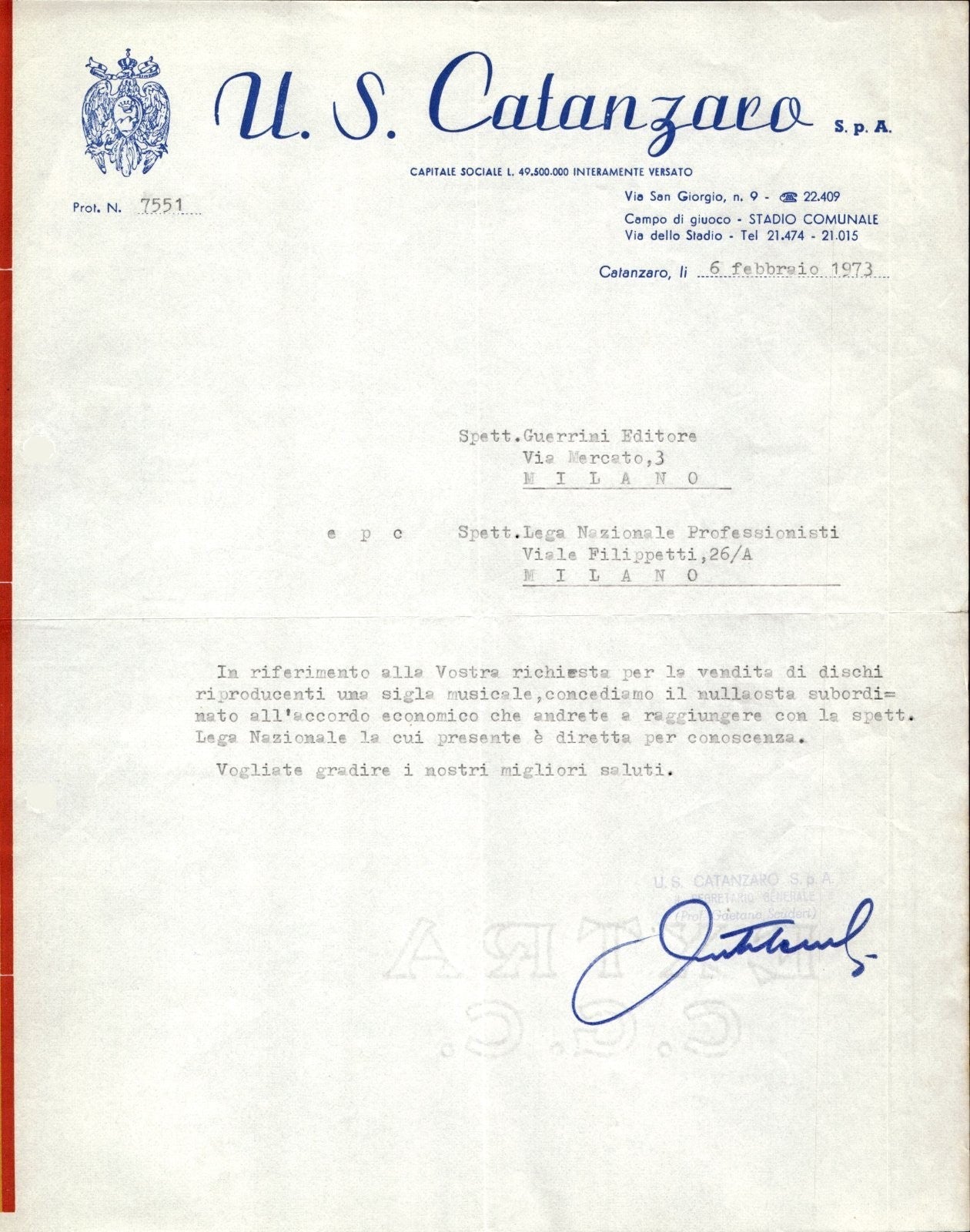 carta intestata societ� sportiva U.S. Catanzaro 1973 03