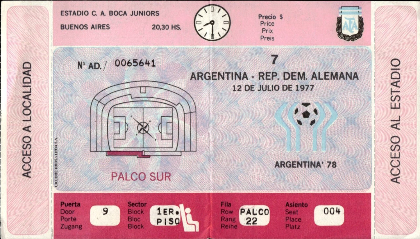 biglietto stadio ARGENTINA - PER.FED. ALEMANA 12 JULIO 1977