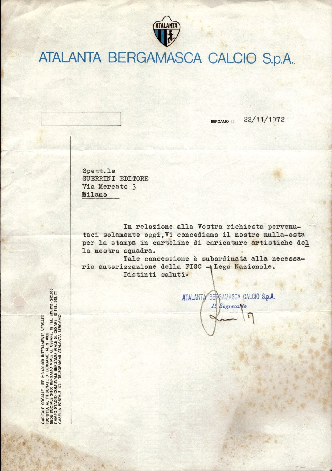 carta intestata societ� sportiva Atalanta Bergamasca Calcio Spa 1972