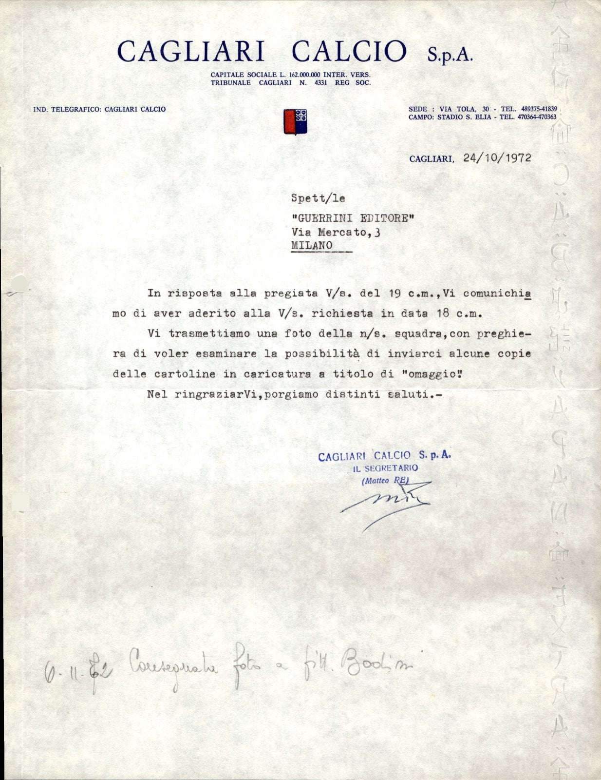 carta intestata societ� sportiva Cagliari Calcio Spa 1973 05