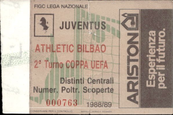 Biglietto stadio Juventus-Athletic Bilbao 1988-89 2� Turno Coppa Uefa n 000763