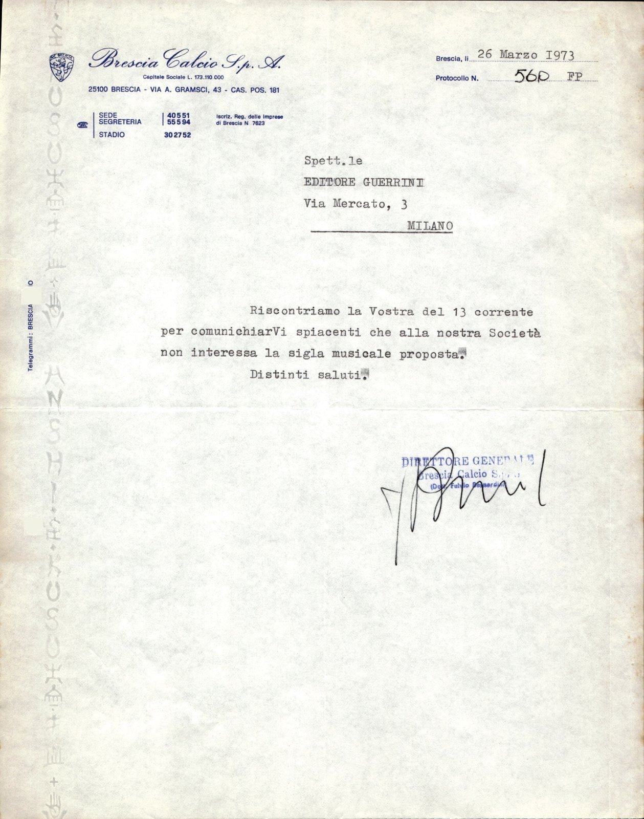 carta intestata societ� sportiva Brescia Calcio Spa 1973