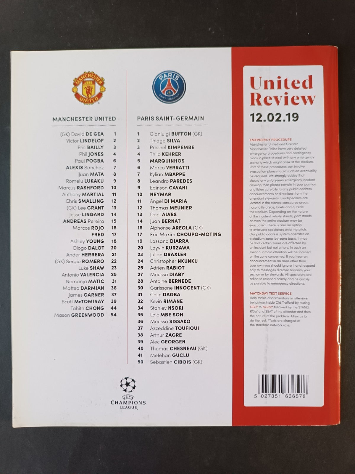 Programma ufficiale Champions UR Machester United Paris Saint-Germain 2019