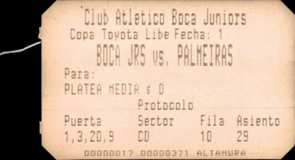 biglietto stadio BOCA JRS VS PALMEIRAS N 371