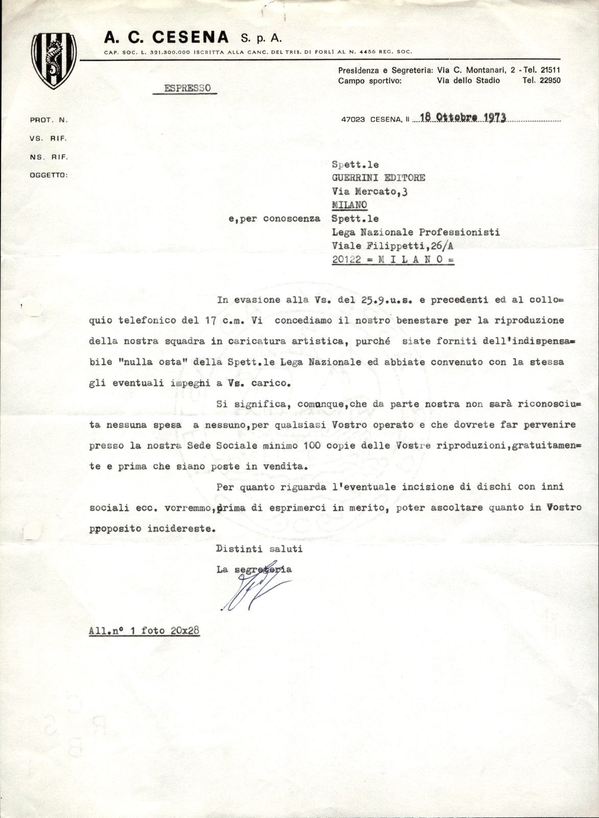 carta intestata societ� sportiva AC Cesena Spa 1973 01