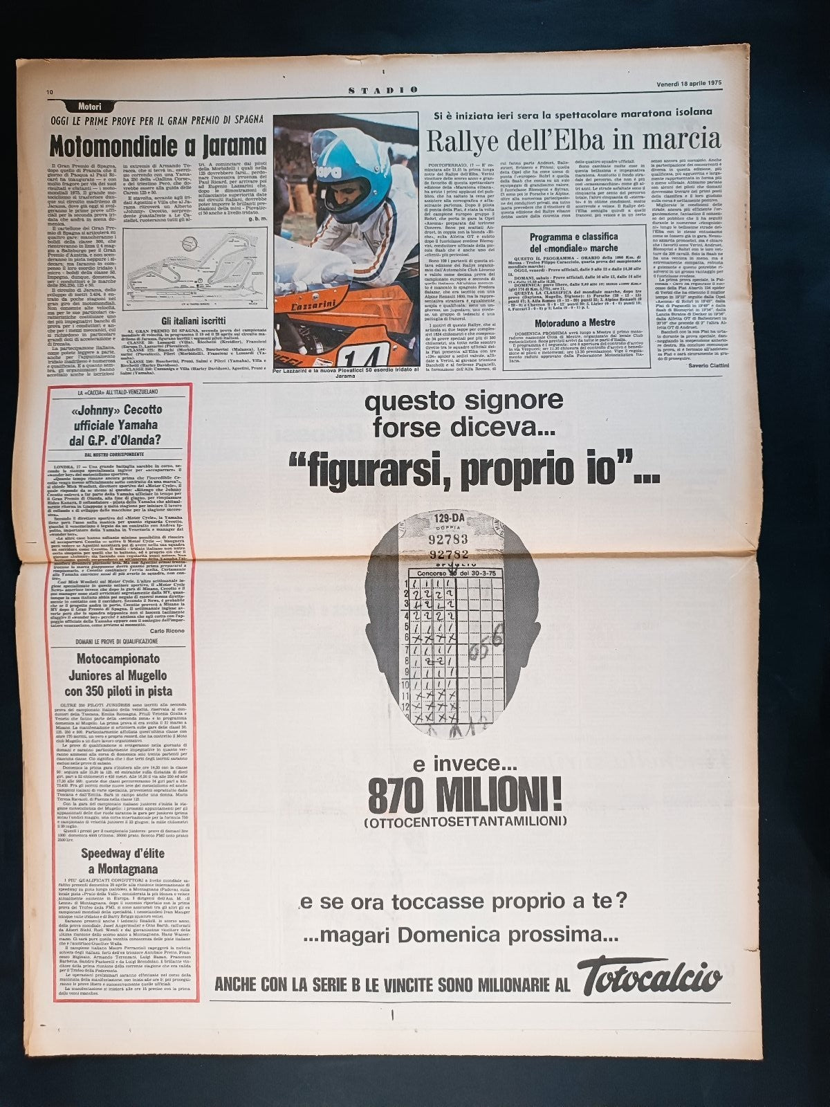Quotidiano Sportivo STADIO numero 89 anno 1975 - Graziani e Chinaglia