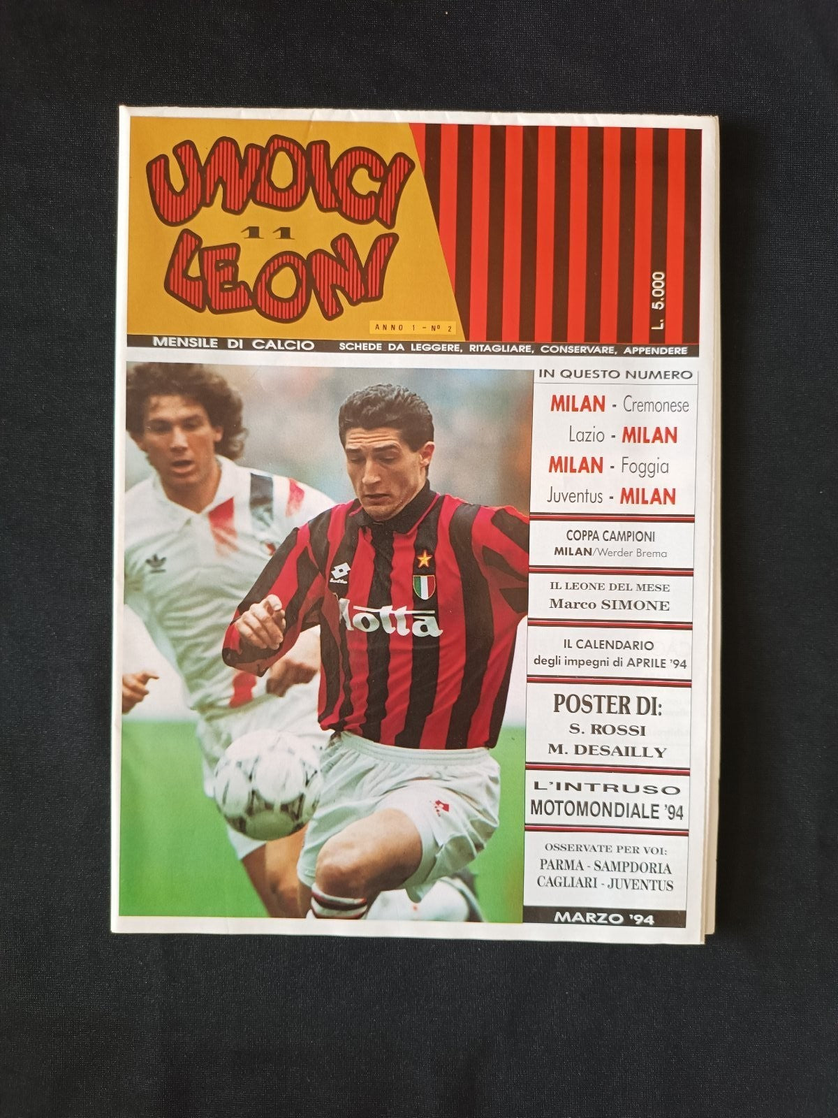 rivista con poster UNIDICI LEONI ed Rossonera - n 1 1994 Maldini (100x70 cm)