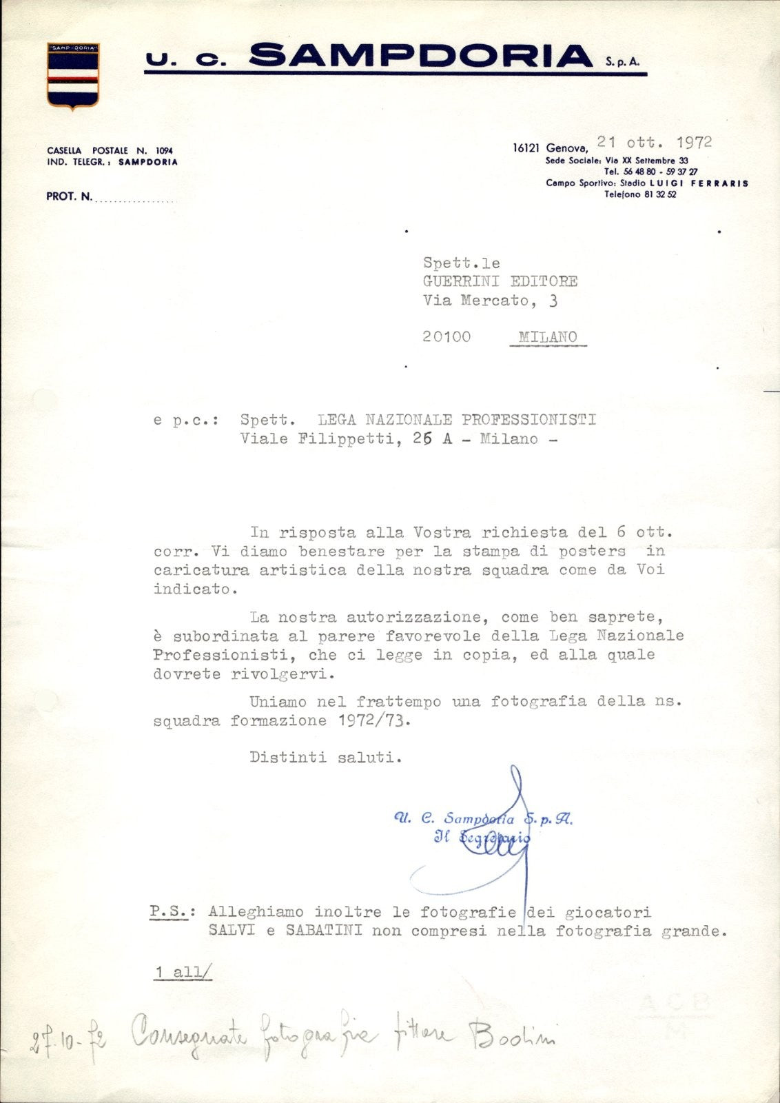 carta intestata societ� sportiva U.C. Sampdoria SPA 1972
