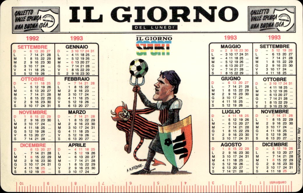 cartolina calciatori Calendario serie A 1992/93