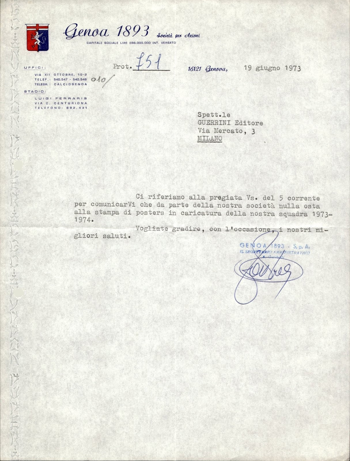 carta intestata societ� sportiva Genoa 1893 1973 01