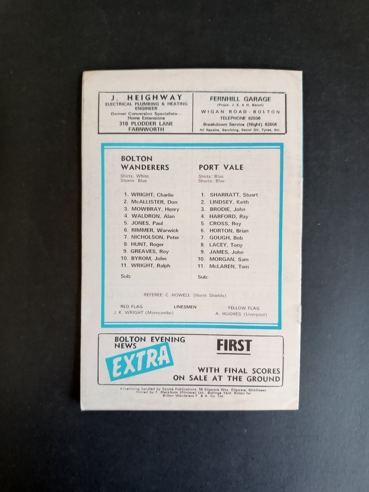 programma calcio Bolton Wanderers vs Port Vale 1972