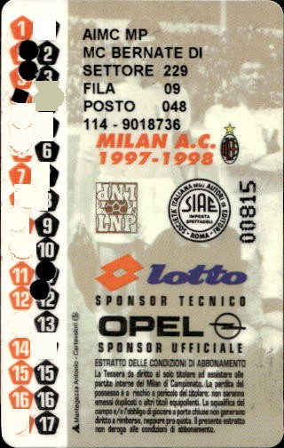 Biglietto stadio Milan A.C 1997-1998 n 00815