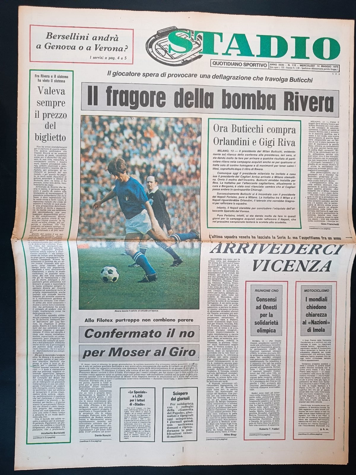Quotidiano Sportivo STADIO numero 110 anno 1975 - Rivera