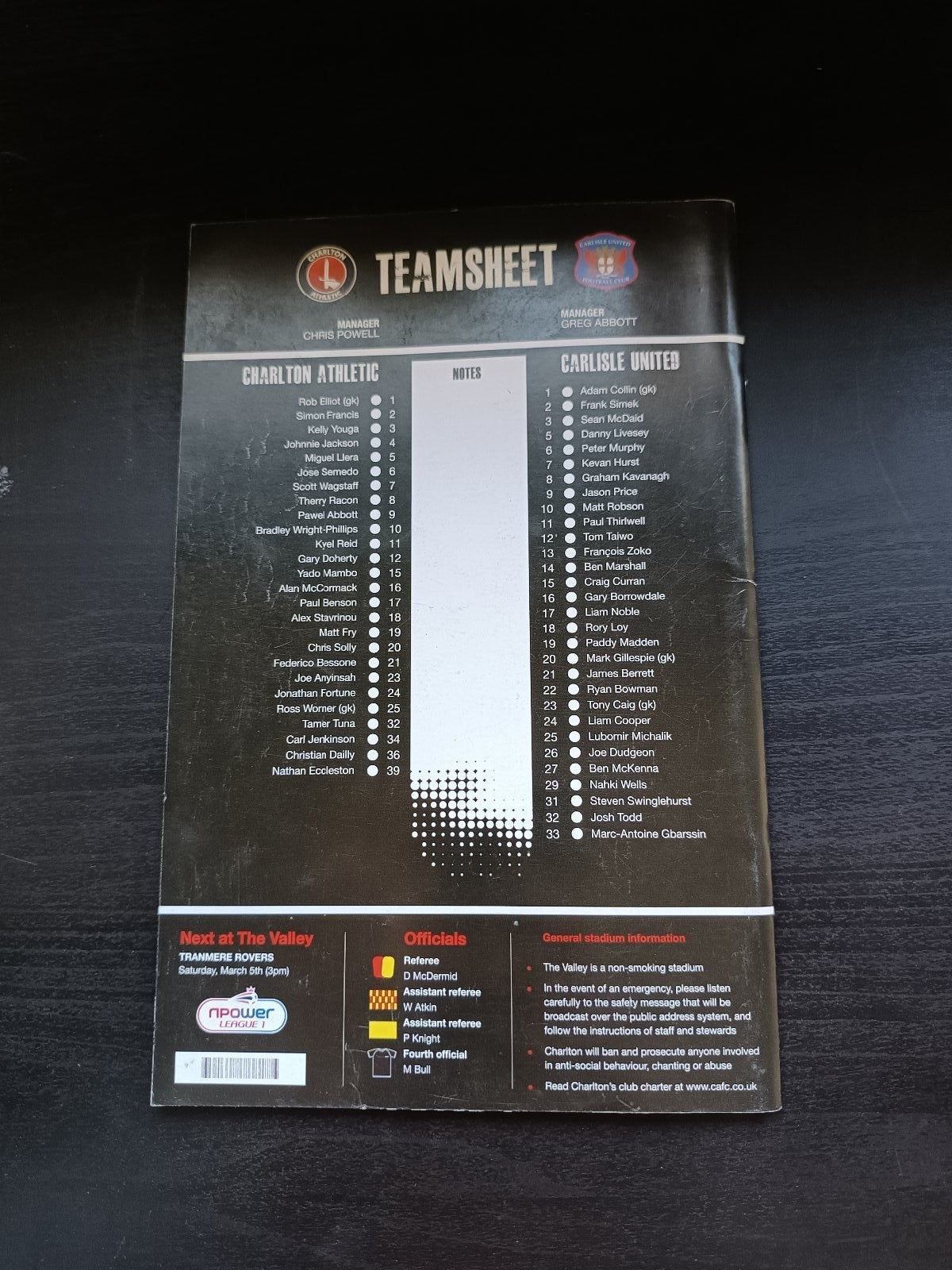 programma calcio Charlton Athetlic V Carlisle United 1st 2011