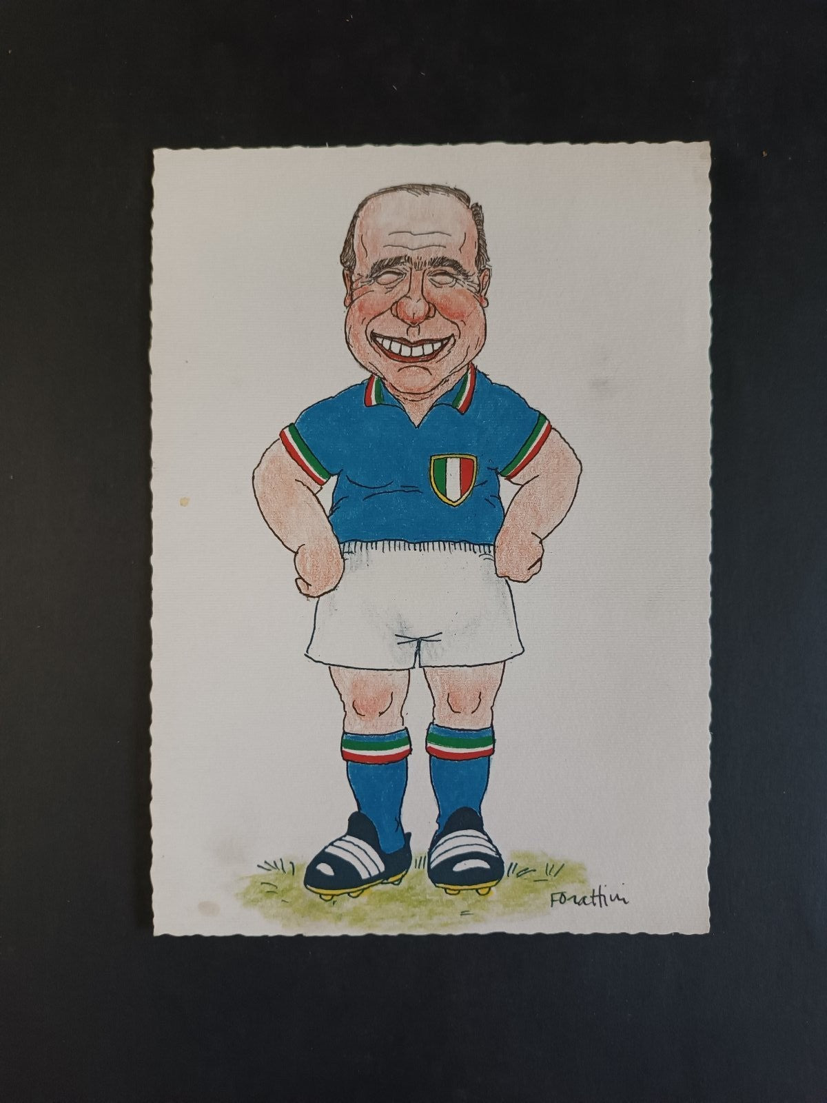 Cartolina Caricatura Silvio Berlusconi maglia Italia Forattini