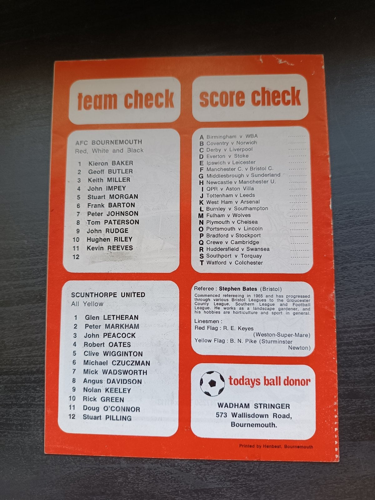 programma calcio AFC Bournemouth V Scunthorpe United 11th 1976
