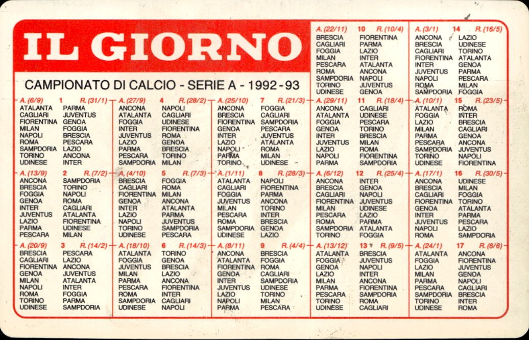 cartolina calciatori Calendario serie A 1992/93