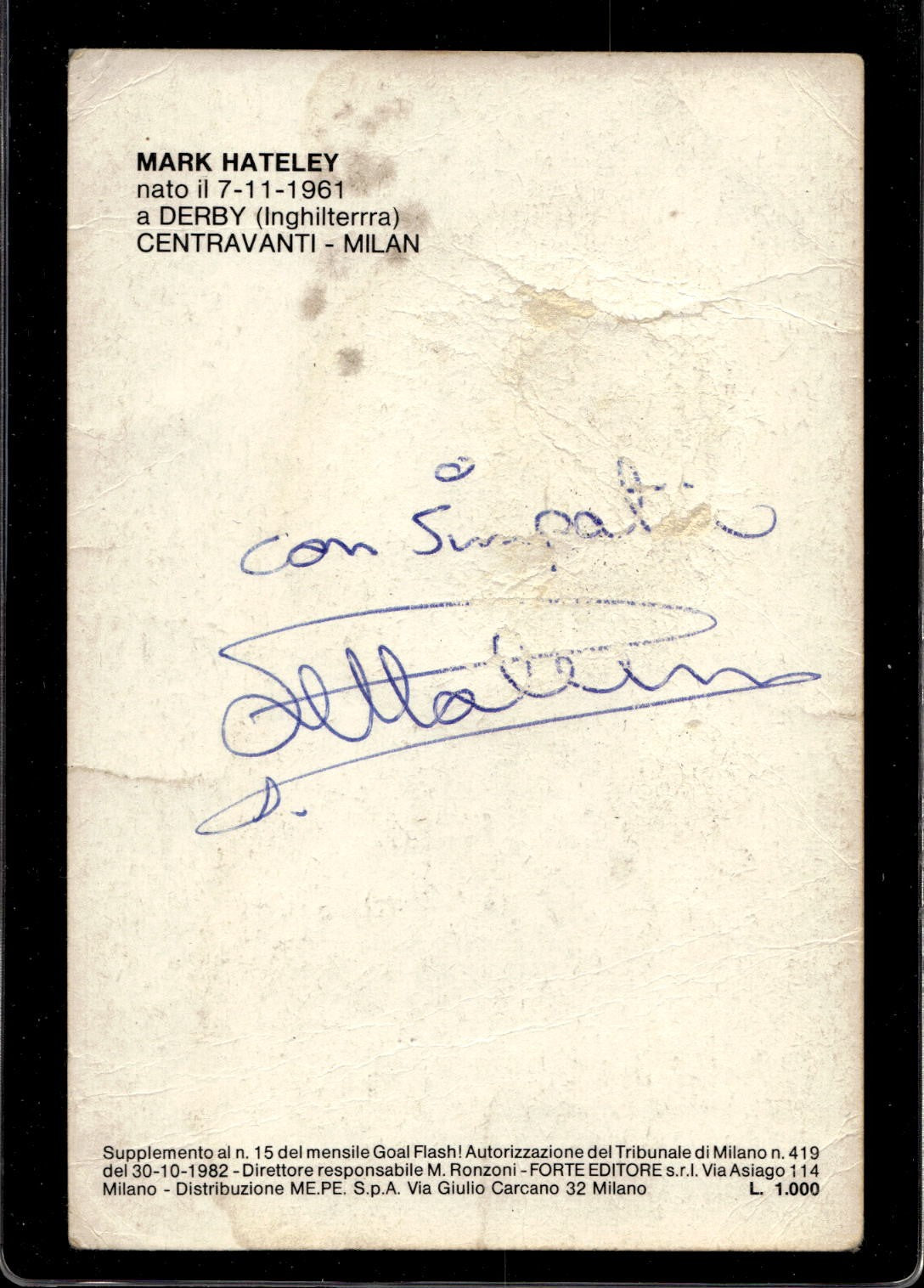 cartolina postcard calcio Milan Mark Hateley 1982 con Autografo