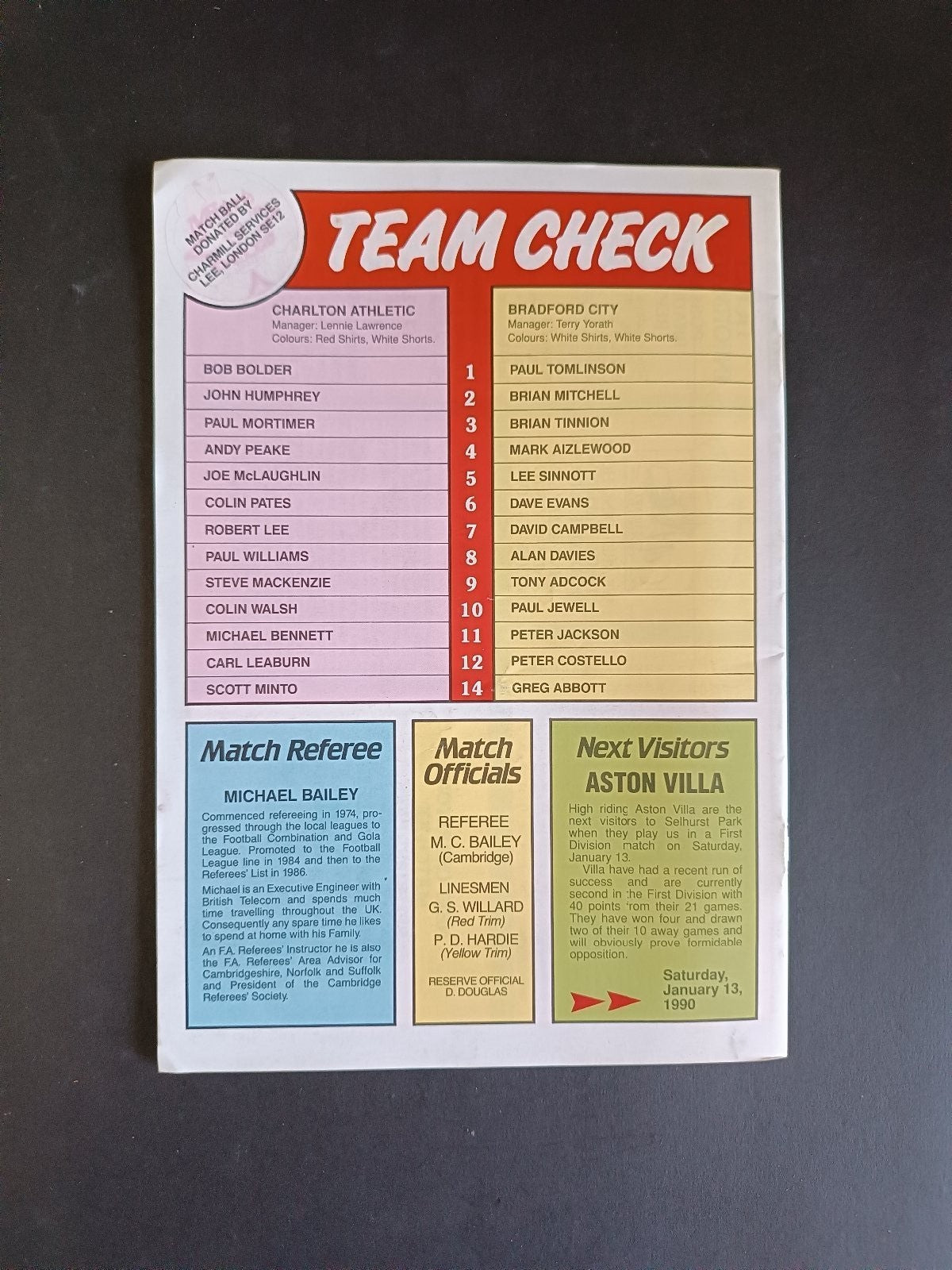 programma calcio Charlton Athletic vs Bradford C. 1990