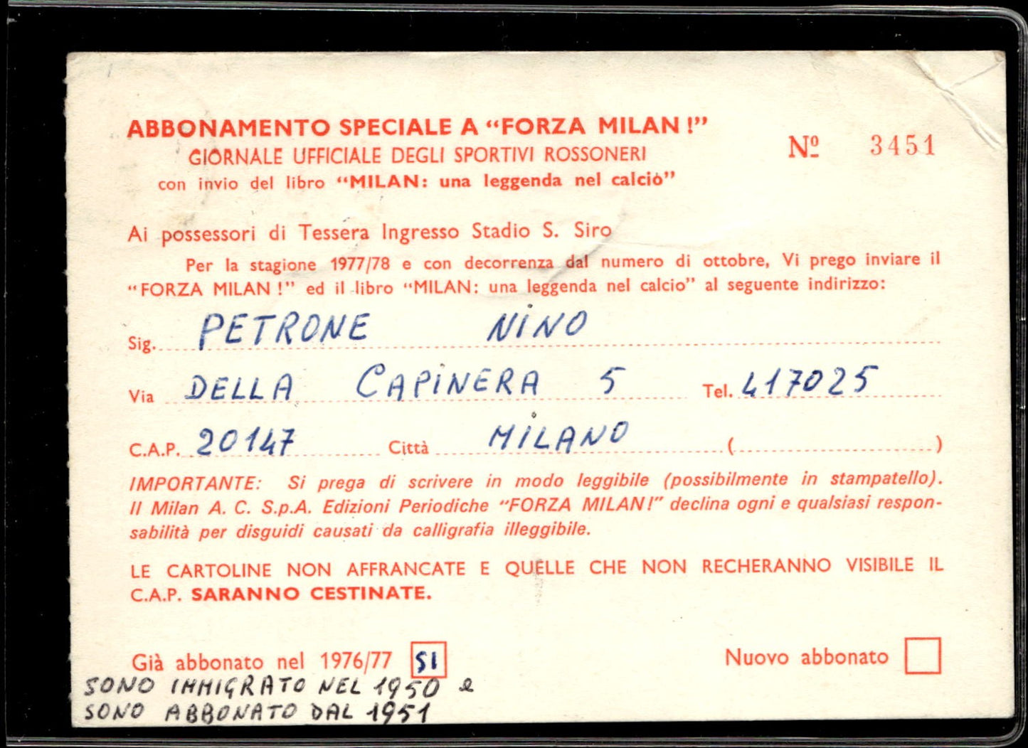 cartolina postcard Abbonamento a Forza Milan n. 3451