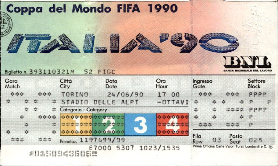 Biglietto Coppa del Mondo Italia '90 Brasile Argentina 1/8 finale Maradona