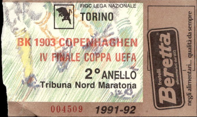 Biglietto stadio Torino-Bk 1903 Copenhaghen IV Finale Coppa Uefa 1991-92