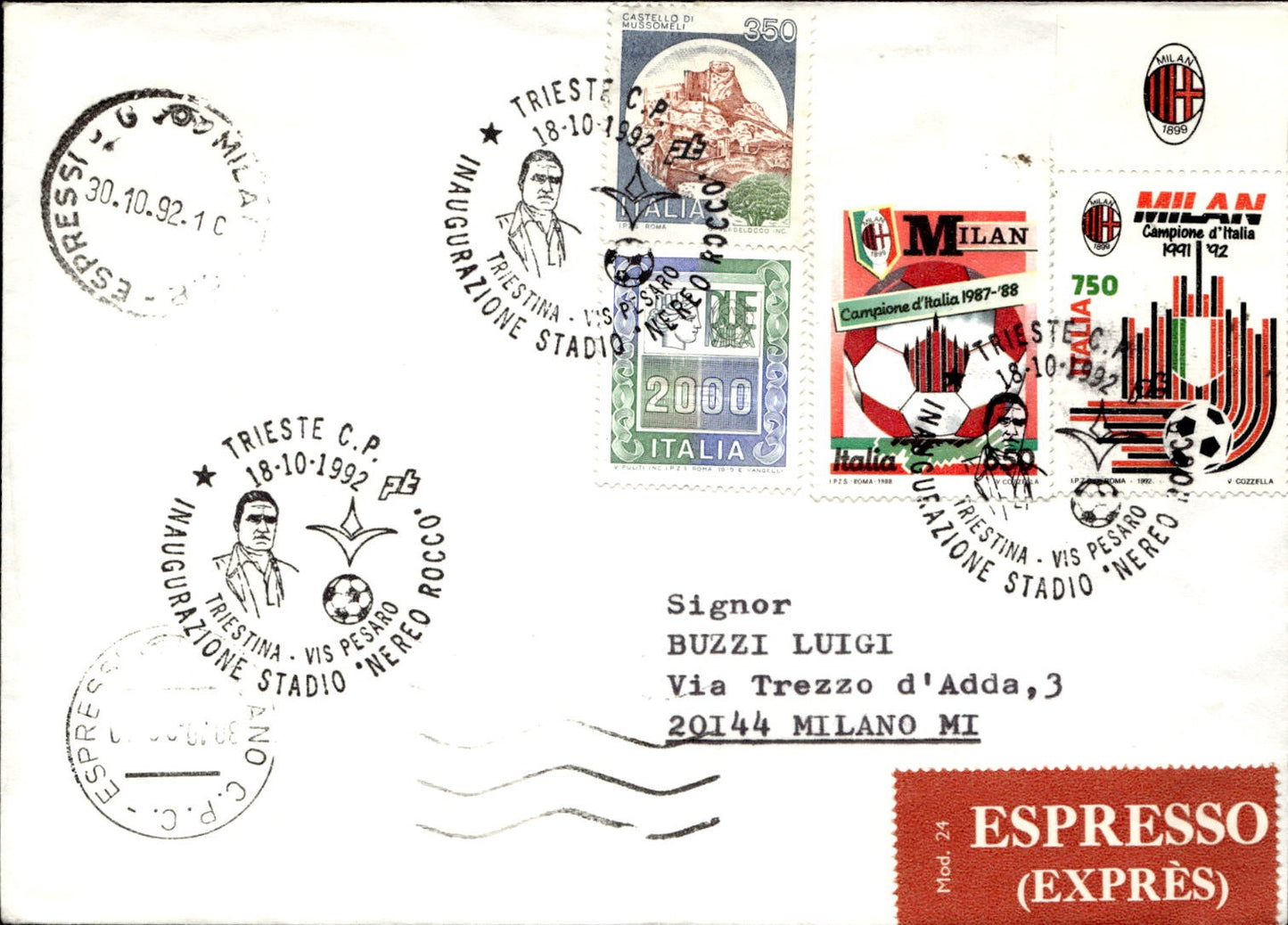 busta cartolina postcard Calcio Milan Inaugurazione stadio Annullo 18-10-1992