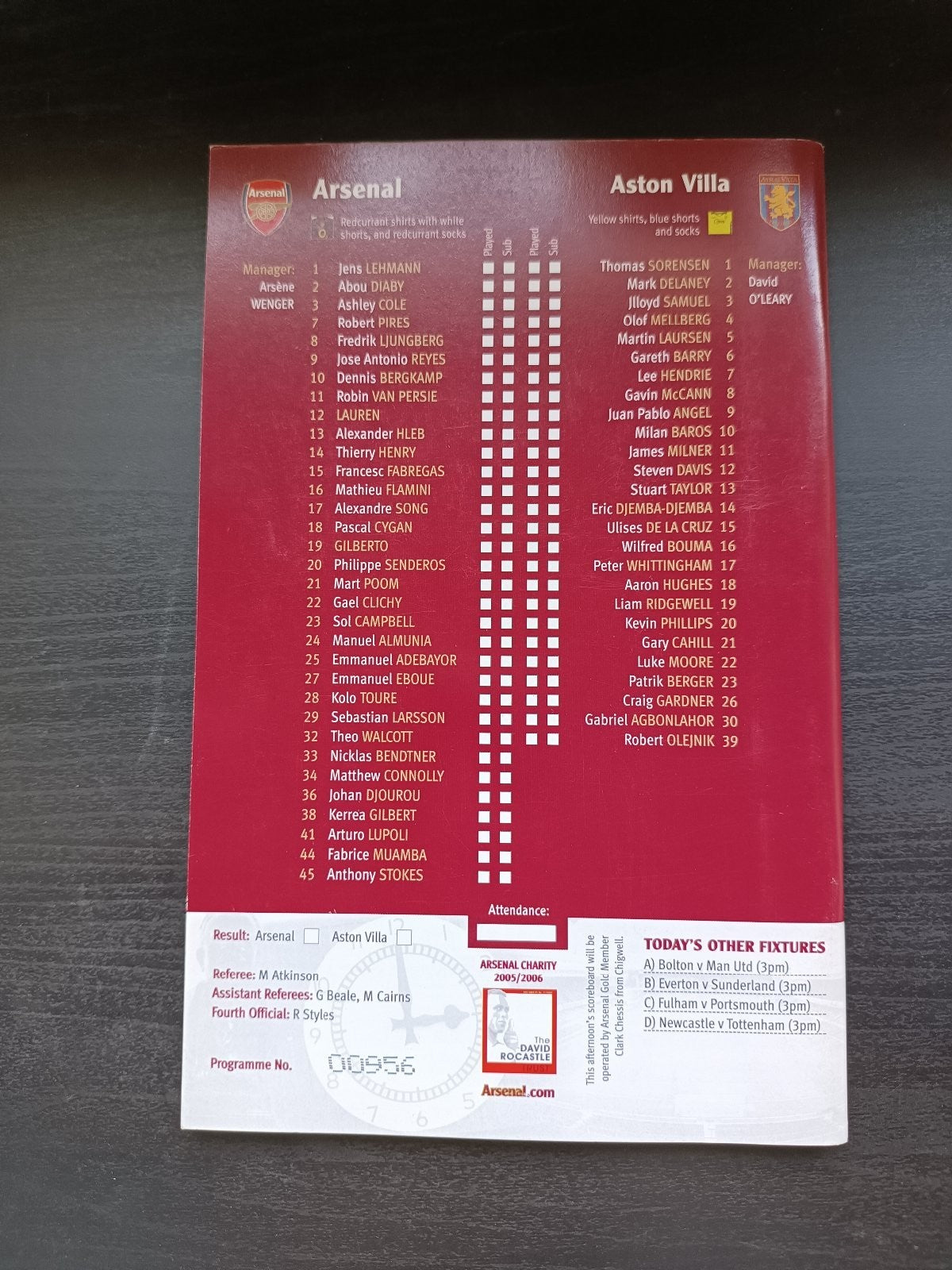 programma calcio Arsenal V Aston Villa 1st 2006
