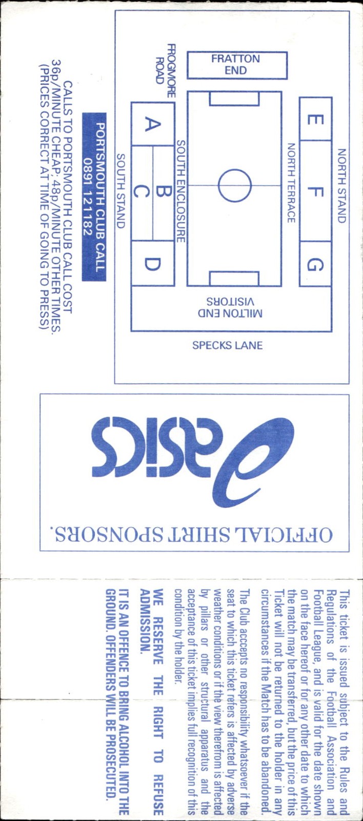 biglietto stadio PORTSMOUTH F.S VS COSENZA 16/11/1993