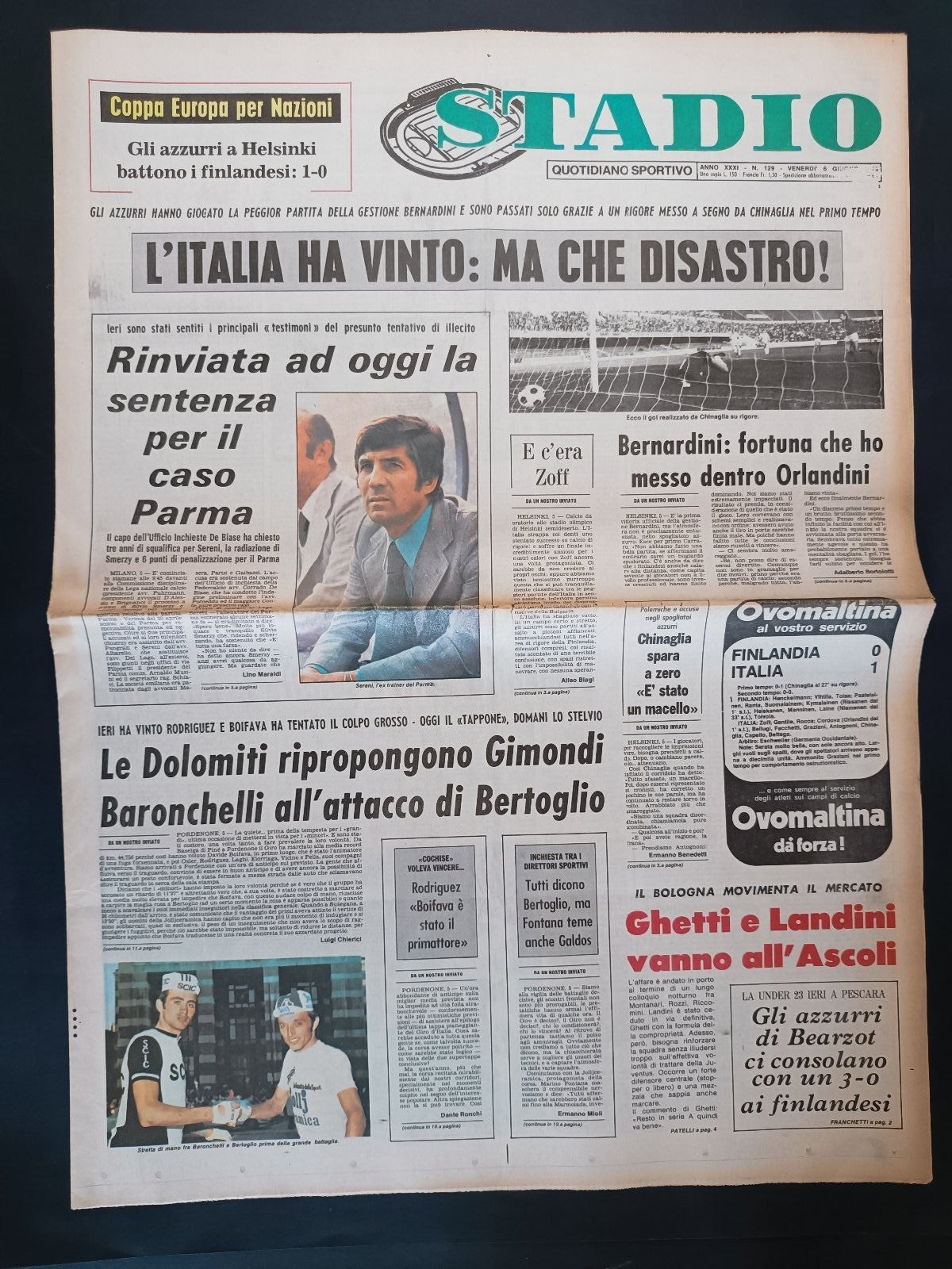 Quotidiano Sportivo STADIO numero 129 anno 1975 - Chinaglia