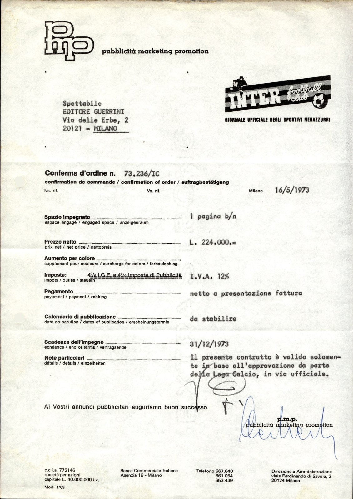 carta intestata societ� sportiva Inter Football Club 1973