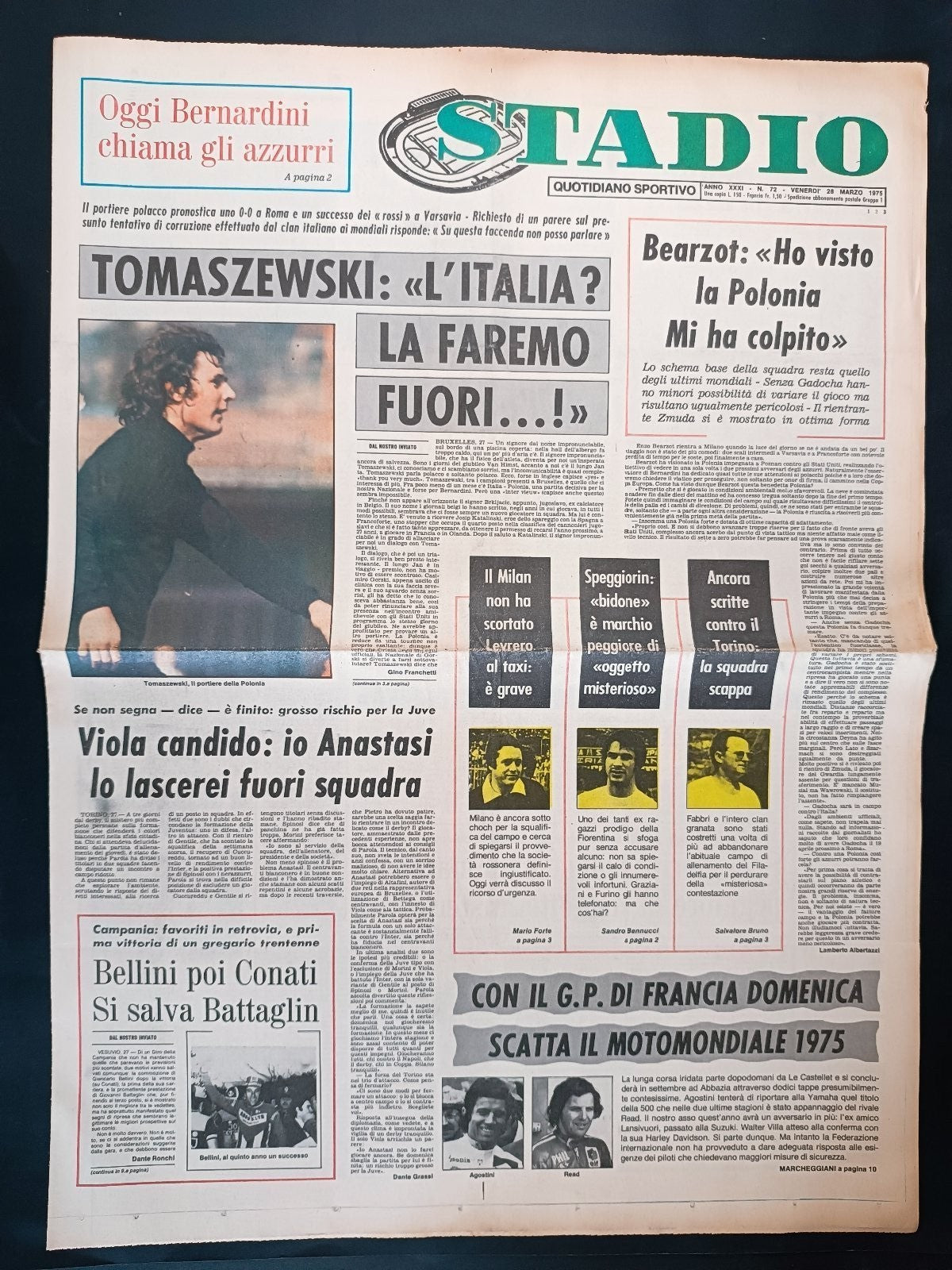 Quotidiano Sportivo STADIO numero 72 anno 1975 - Bearzot