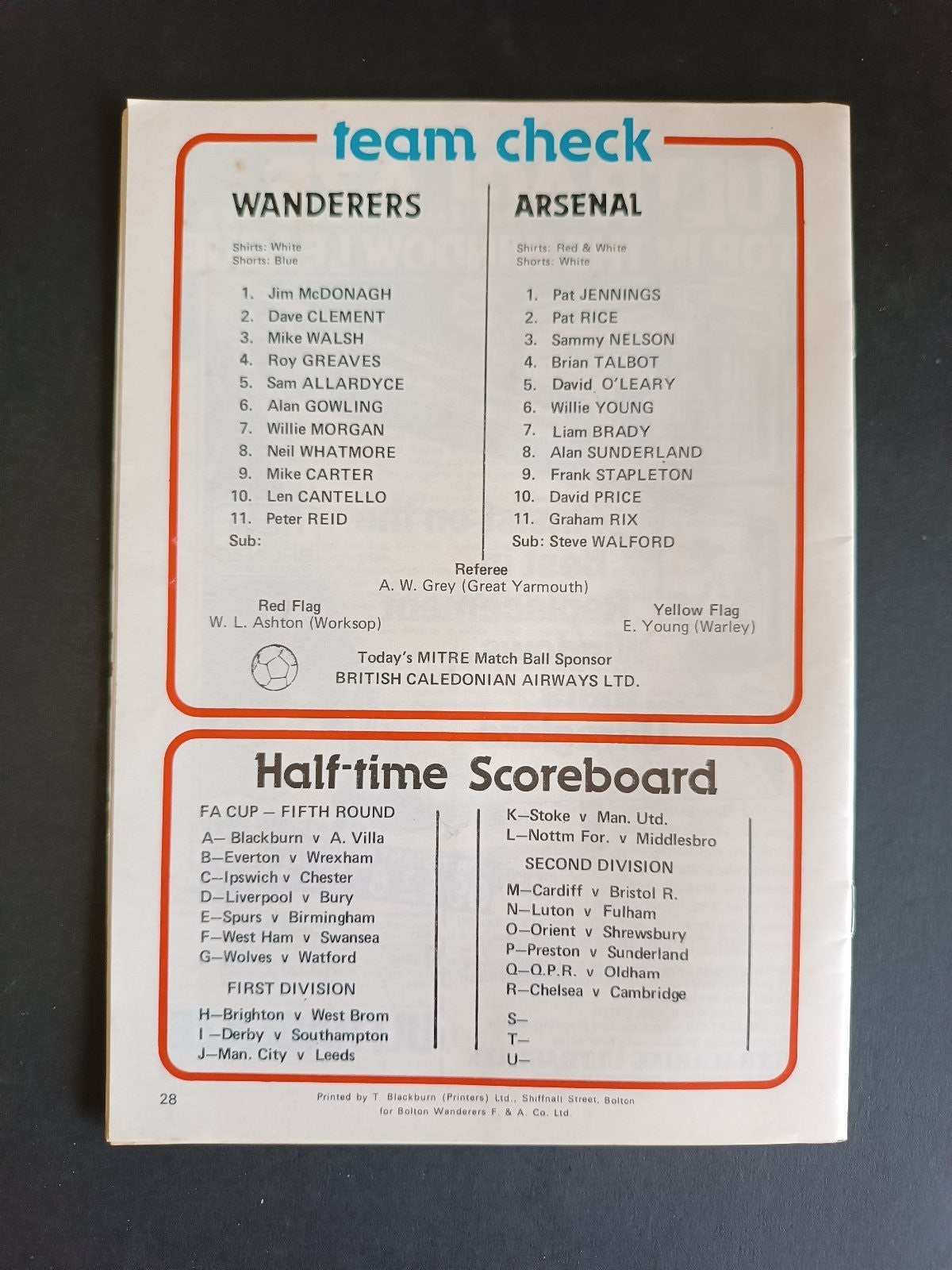programma calcio Bolton Wanderers vs Arsenal 1979