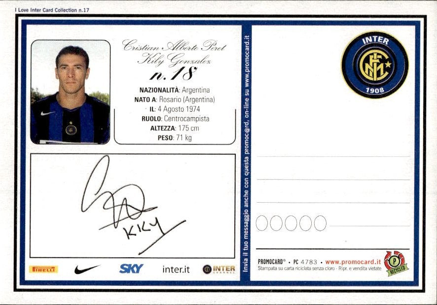 Cartolina calciatore Inter Javier Zanetti con autografo stampato