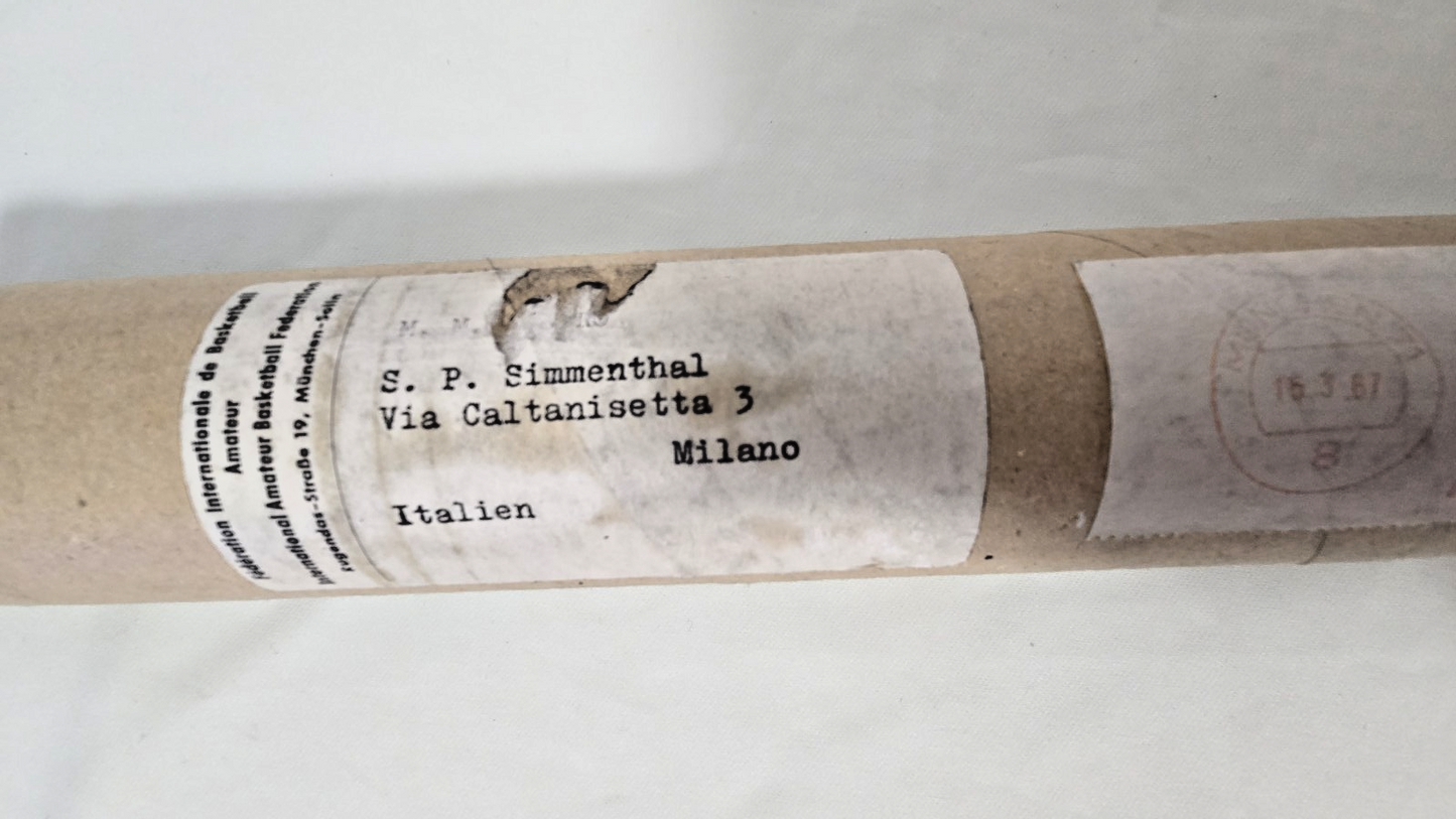 PERGAMENA originale 1966 inviata alla S.P. SIMMENTHAL SuperCoppa basket