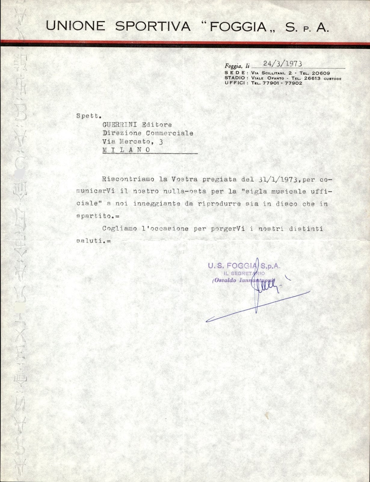 carta intestata societ� sportiva Foggia Spa 1973 01