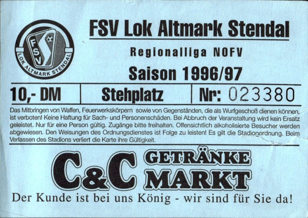 biglietto stadio FSV LOK ALTMARK STENDAL 1996/97