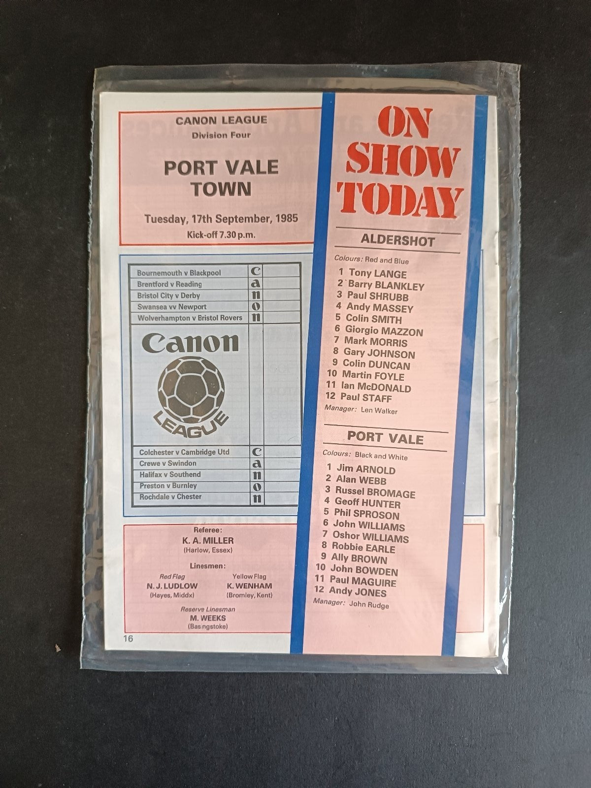 programma calcio Aldershot Fc vs Port Vale 1985